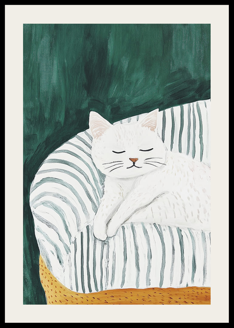 Un cartel con un gato blanco durmiendo sobre una manta de rayas en un sillón dorado.-12