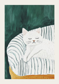 Un cartel con un gato blanco durmiendo sobre una manta de rayas en un sillón dorado.-3