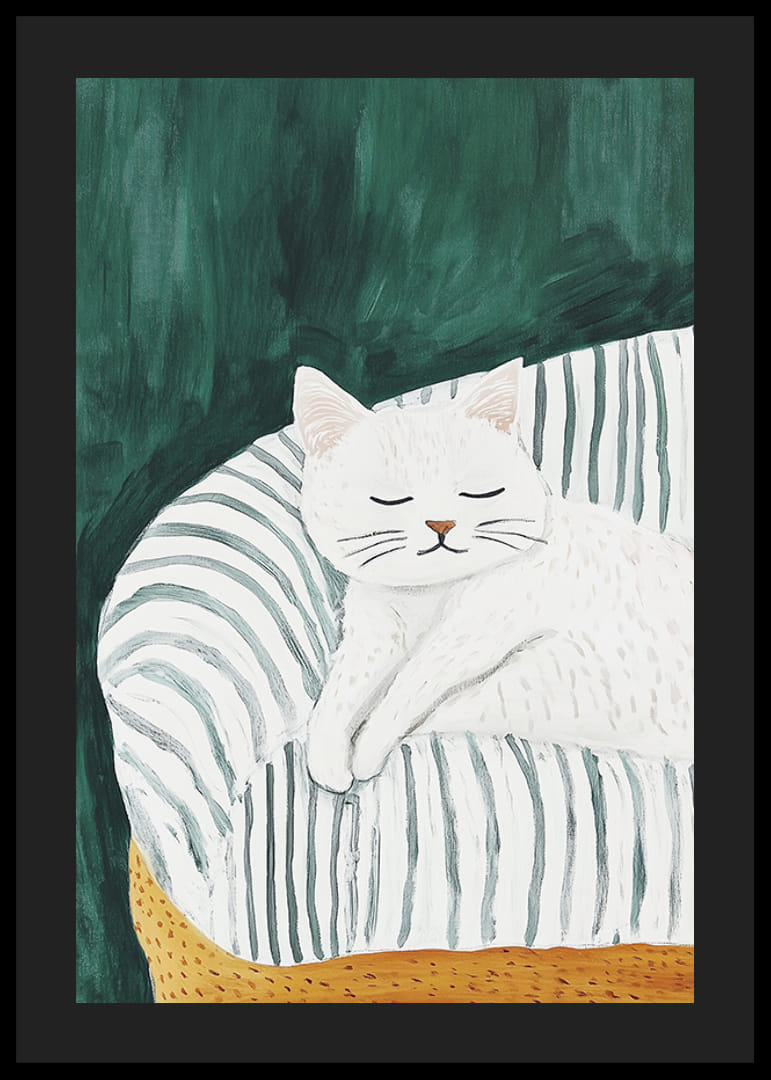 Un cartel con un gato blanco durmiendo sobre una manta de rayas en un sillón dorado.-12