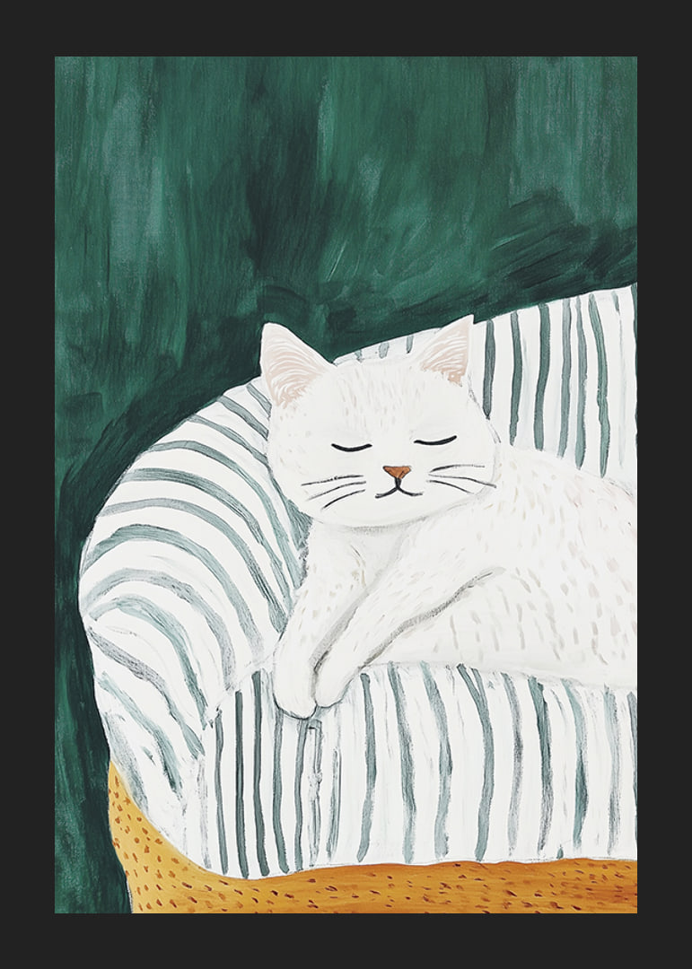 En poster med en sovande vit katt på en randig filt i en gyllene fåtölj-12
