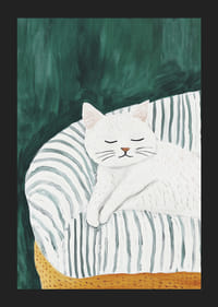 Un cartel con un gato blanco durmiendo sobre una manta de rayas en un sillón dorado.-5