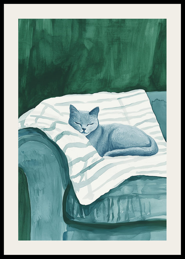 Plagát so spiacou modrou mačkou na pruhovanej deke v zelenom kresle-12