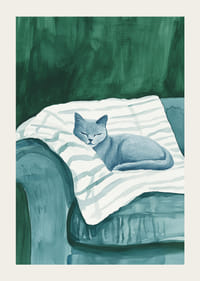 Plagát so spiacou modrou mačkou na pruhovanej deke v zelenom kresle-3