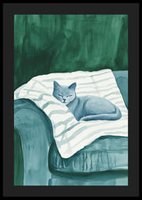 Plagát so spiacou modrou mačkou na pruhovanej deke v zelenom kresle-4