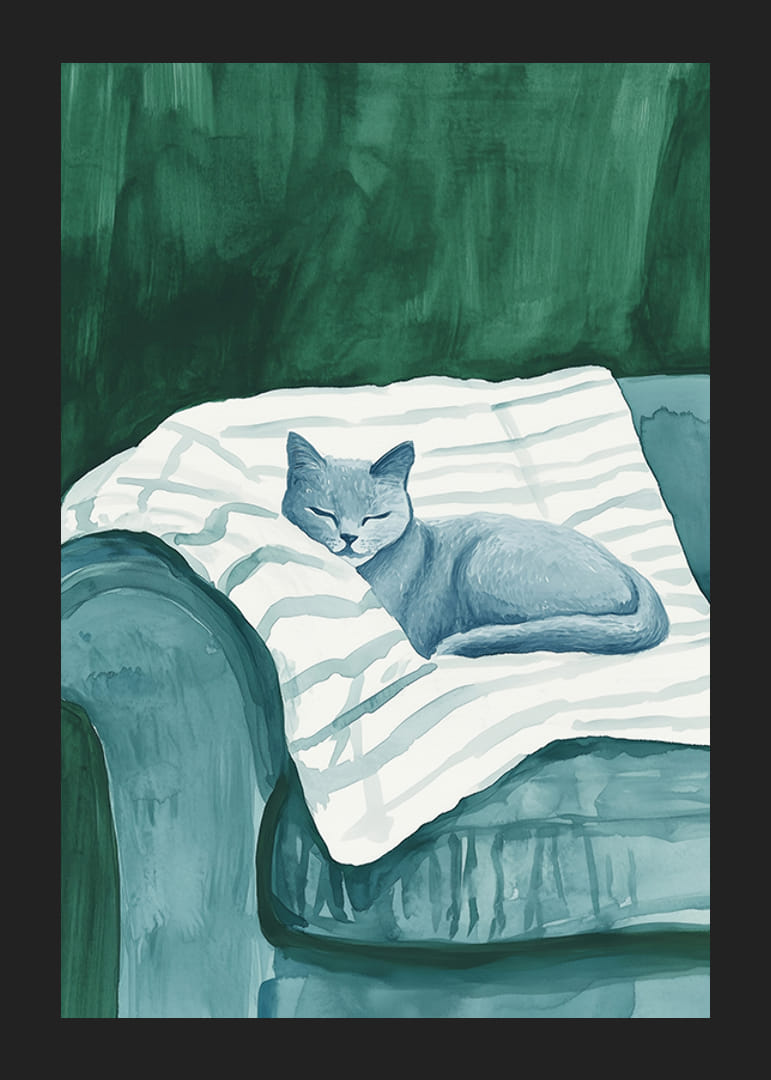Plagát so spiacou modrou mačkou na pruhovanej deke v zelenom kresle-12