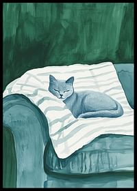 Une affiche avec un chat bleu endormi sur une couverture rayée dans un fauteuil vert-2