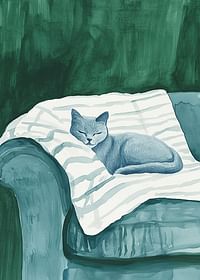 Une affiche avec un chat bleu endormi sur une couverture rayée dans un fauteuil vert-3