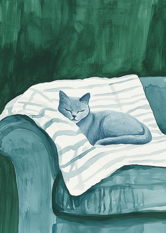 Une affiche avec un chat bleu endormi sur une couverture rayée dans un fauteuil vert-12