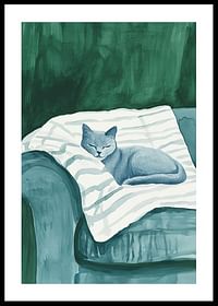Une affiche avec un chat bleu endormi sur une couverture rayée dans un fauteuil vert-0