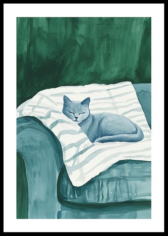 Une affiche avec un chat bleu endormi sur une couverture rayée dans un fauteuil vert-12
