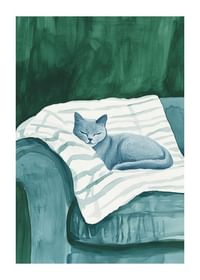 Une affiche avec un chat bleu endormi sur une couverture rayée dans un fauteuil vert-1