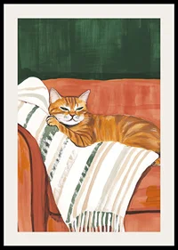 En poster med en orange katt som vilar på en randig filt i en roströd fåtölj-2