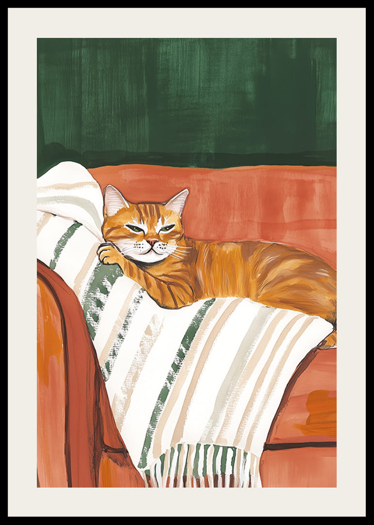 Une affiche d'un chat orange reposant sur une couverture rayée dans un fauteuil rouge rouille-12