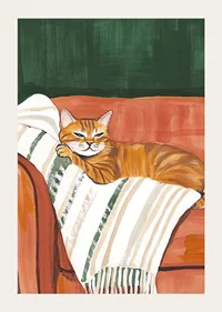 En poster med en orange katt som vilar på en randig filt i en roströd fåtölj-3
