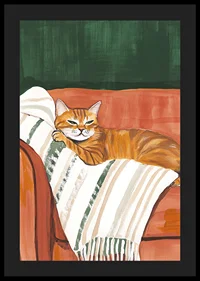 En poster med en orange katt som vilar på en randig filt i en roströd fåtölj-4
