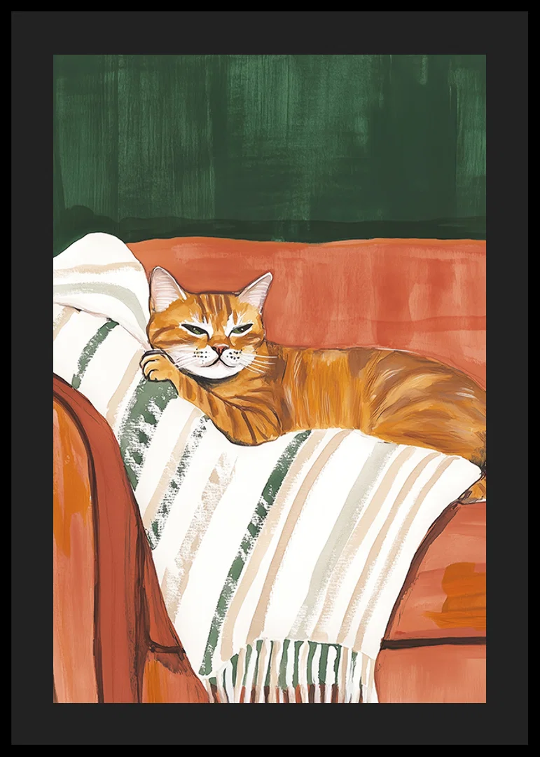 En poster med en orange katt som vilar på en randig filt i en roströd fåtölj-12