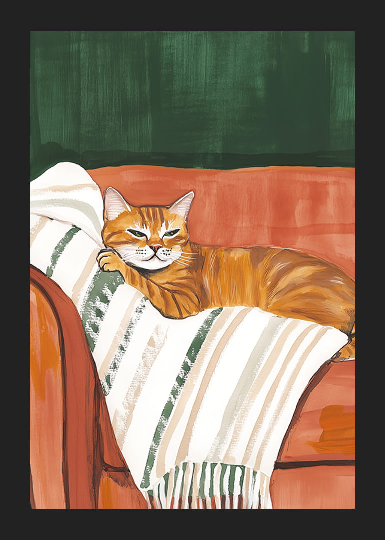 Une affiche d'un chat orange reposant sur une couverture rayée dans un fauteuil rouge rouille-12