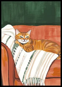 En poster med en orange katt som vilar på en randig filt i en roströd fåtölj-6
