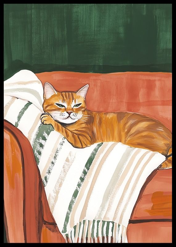 Poster mit einer orangefarbenen Katze, die auf einer gestreiften Decke in einem rostroten Sessel ruht-12