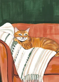 En poster med en orange katt som vilar på en randig filt i en roströd fåtölj-7