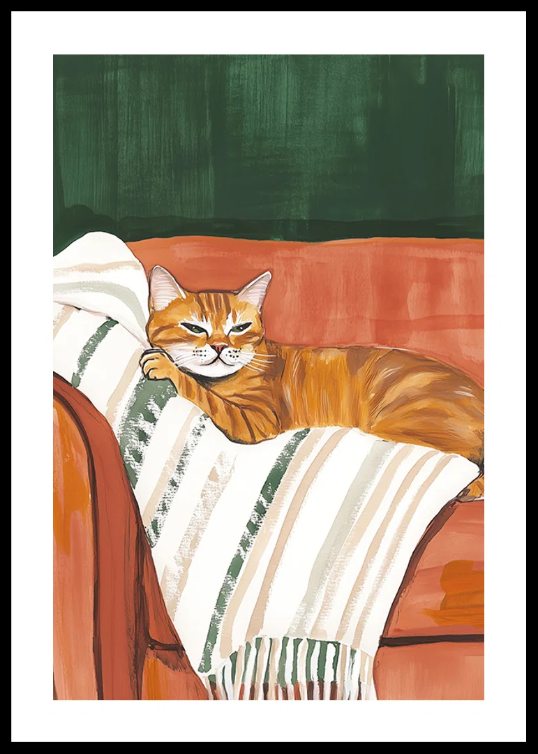 En poster med en orange katt som vilar på en randig filt i en roströd fåtölj-12