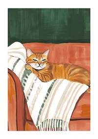 En poster med en orange katt som vilar på en randig filt i en roströd fåtölj-1