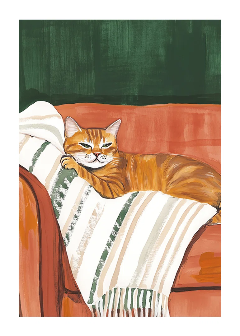En poster med en orange katt som vilar på en randig filt i en roströd fåtölj-12