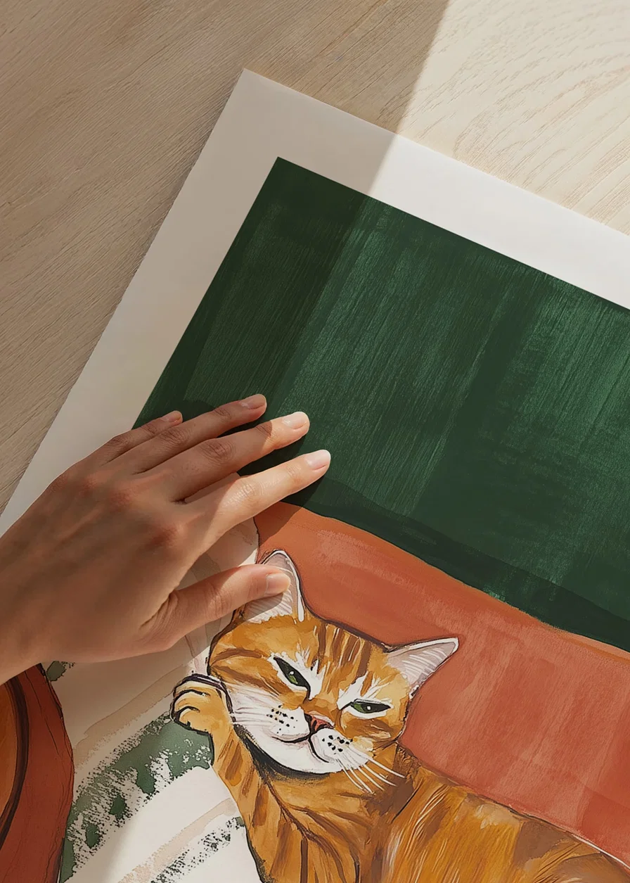 En poster med en orange katt som vilar på en randig filt i en roströd fåtölj-12