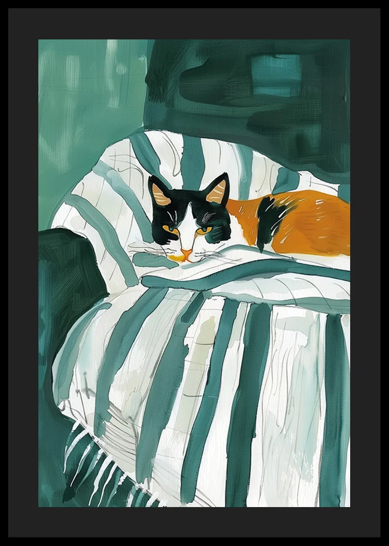 A poster of a tri-colored cat resting on a striped blanket in a green armchair-12