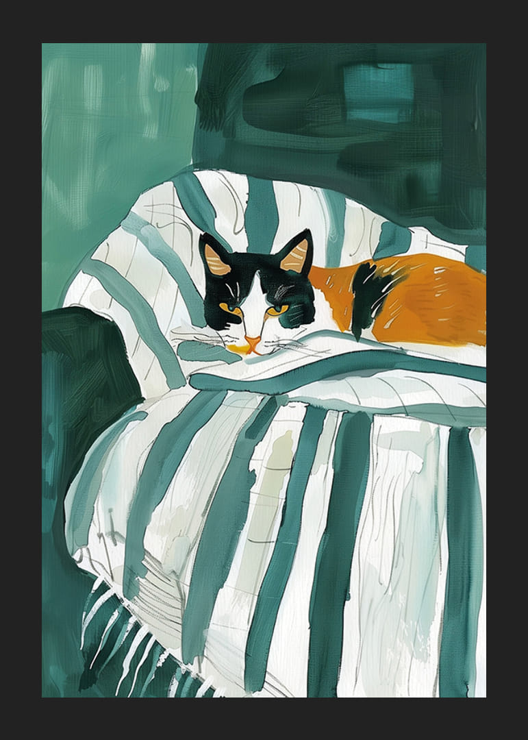 Une affiche d'un chat tricolore reposant sur une couverture rayée dans un fauteuil vert-12