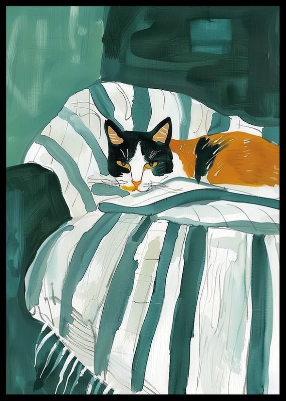Een poster van een driekleurige kat die rust op een gestreepte deken in een groene fauteuil-12