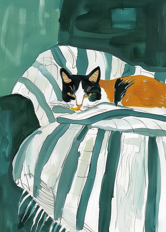 Een poster van een driekleurige kat die rust op een gestreepte deken in een groene fauteuil-12