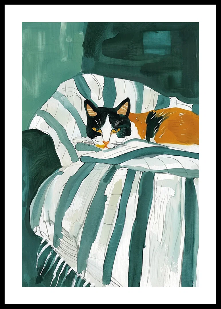 A poster of a tri-colored cat resting on a striped blanket in a green armchair-12