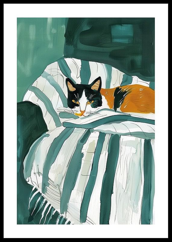 Een poster van een driekleurige kat die rust op een gestreepte deken in een groene fauteuil-12