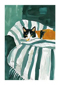 A poster of a tri-colored cat resting on a striped blanket in a green armchair-1