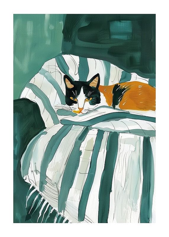 Een poster van een driekleurige kat die rust op een gestreepte deken in een groene fauteuil-12