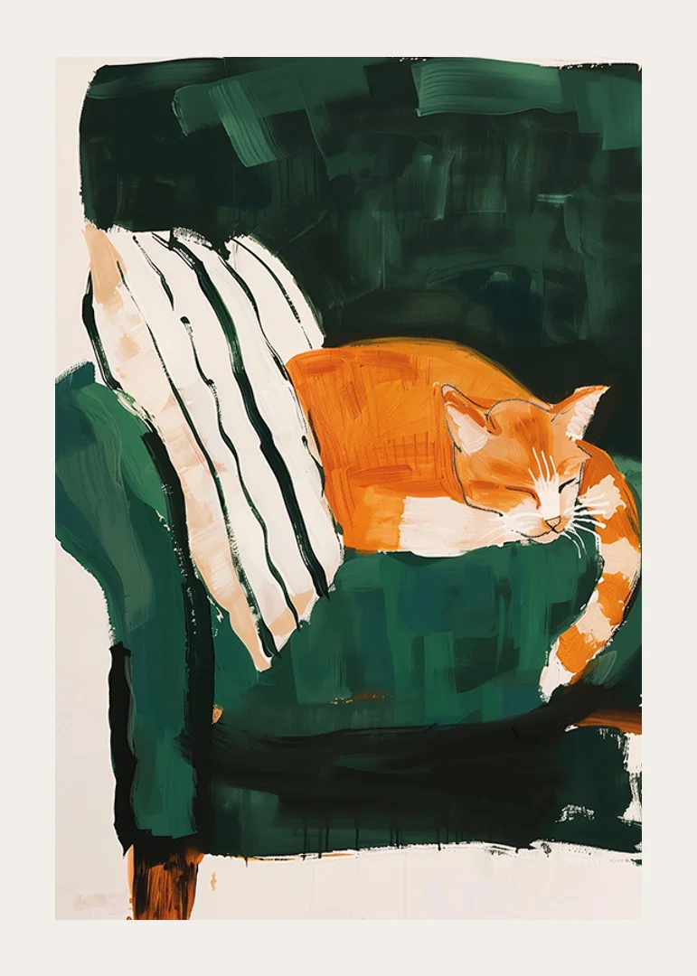 En poster med en sovande orange katt på en randig filt i en grön fåtölj-12