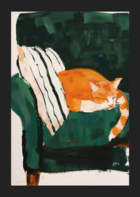 Plagát so spiacou oranžovou mačkou na pruhovanej deke v zelenom kresle-5