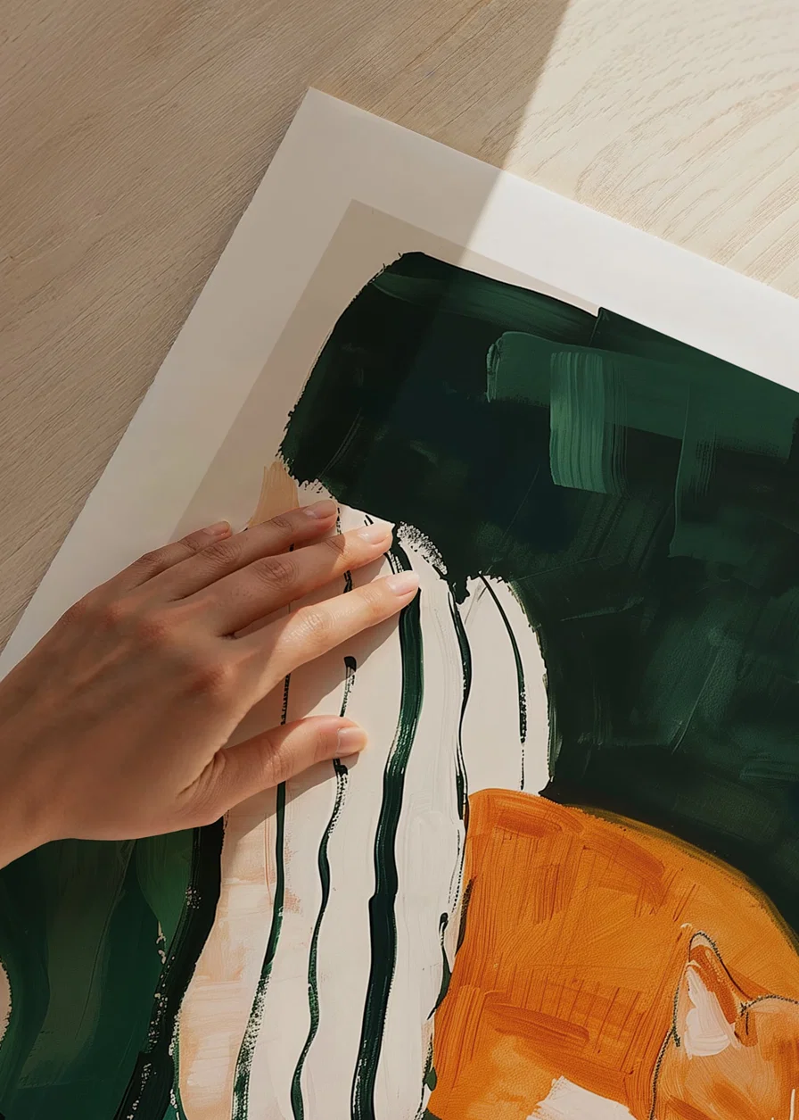 En poster med en sovande orange katt på en randig filt i en grön fåtölj-12