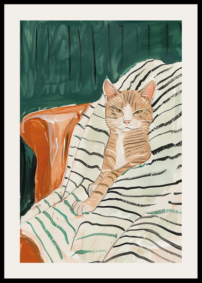 En  poster av en avslappnad katt i en fåtölj, perfekt för att skapa en mysig och elegant atmosfär-12
