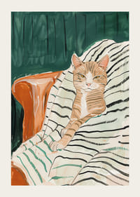 En plakat av en avslappet katt i en lenestol, perfekt for å skape en koselig og elegant atmosfære-3