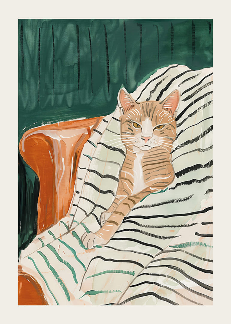 En plakat av en avslappet katt i en lenestol, perfekt for å skape en koselig og elegant atmosfære-12