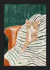 En  poster av en avslappnad katt i en fåtölj, perfekt för att skapa en mysig och elegant atmosfär-5