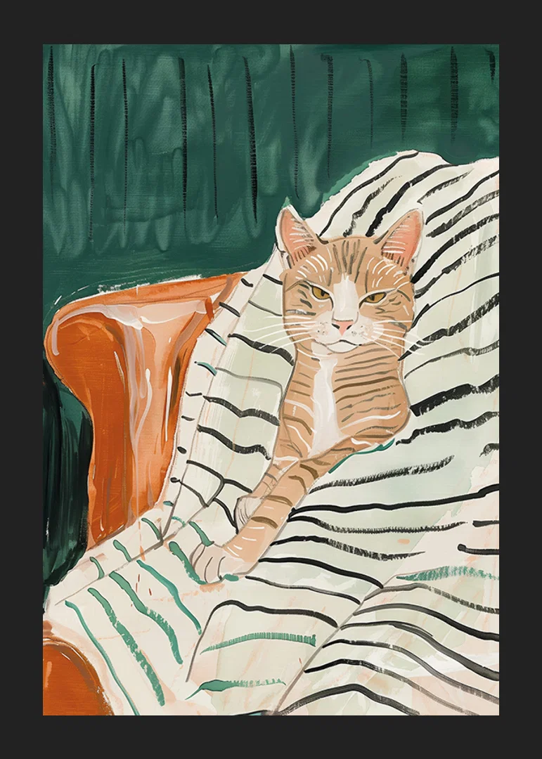 En  poster av en avslappnad katt i en fåtölj, perfekt för att skapa en mysig och elegant atmosfär-12