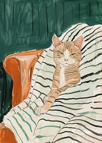 En  poster av en avslappnad katt i en fåtölj, perfekt för att skapa en mysig och elegant atmosfär-7