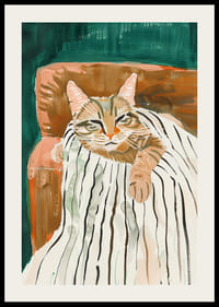 En plakat av en avslappet katt i en lenestol som sprer varme og ro i hjemmet ditt-2