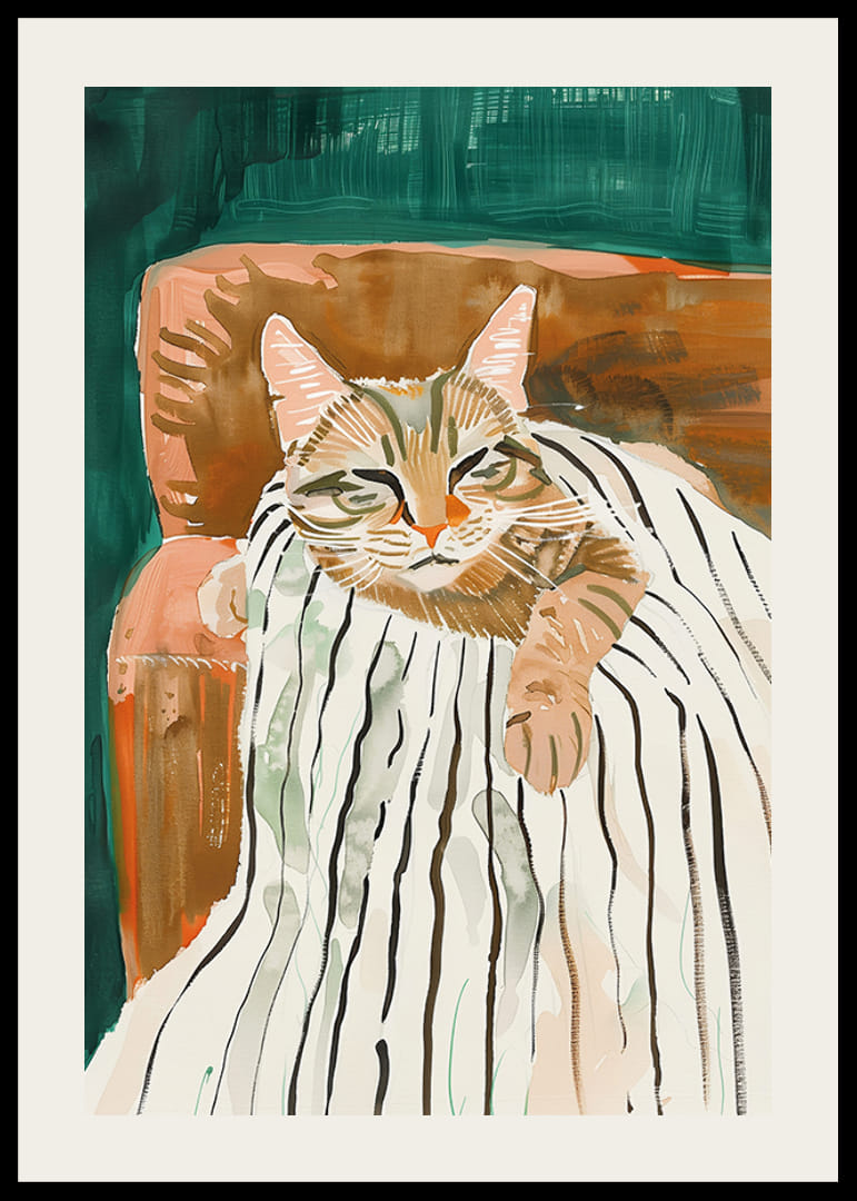 En plakat av en avslappet katt i en lenestol som sprer varme og ro i hjemmet ditt-12