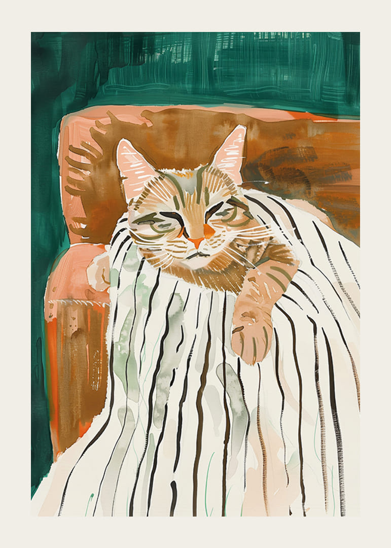 En plakat av en avslappet katt i en lenestol som sprer varme og ro i hjemmet ditt-12