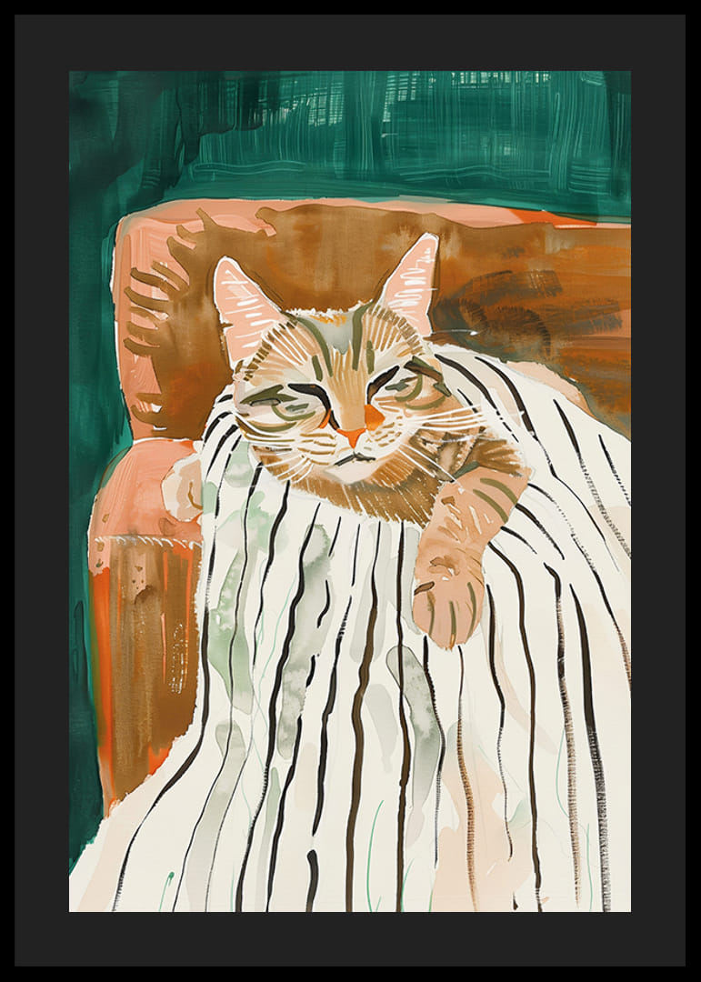 En plakat av en avslappet katt i en lenestol som sprer varme og ro i hjemmet ditt-12