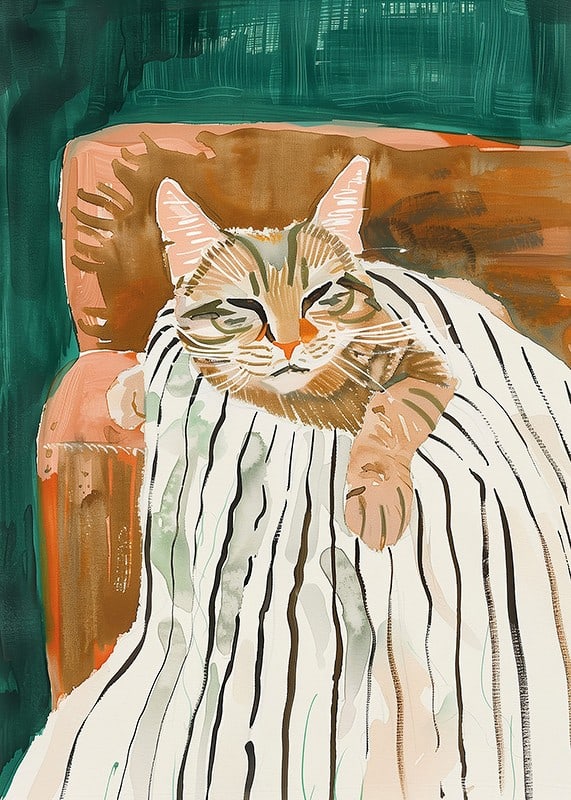 Une affiche d'un chat détendu dans un fauteuil, répandant chaleur et calme dans votre maison-12